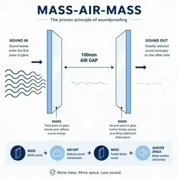 A technical minimalist illustration showing the Mass-Air-Mass principle with a 100mm air gap reducing sound waves