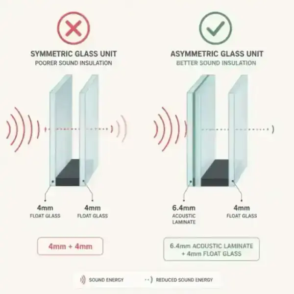 Comparison of identical glass panes versus asymmetric acoustic laminate glass