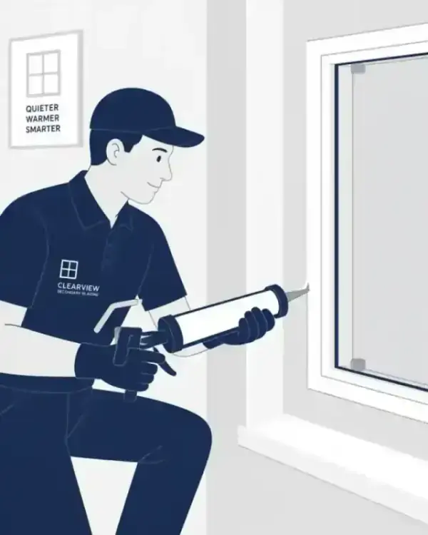 A minimalist illustration of a professional installer sealing a secondary glazing frame with acoustic caulk