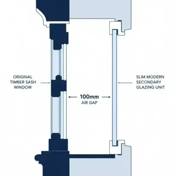 Minimalist flat illustration showing a cross-section of a window with original sash and secondary glazing with a 100mm gap
