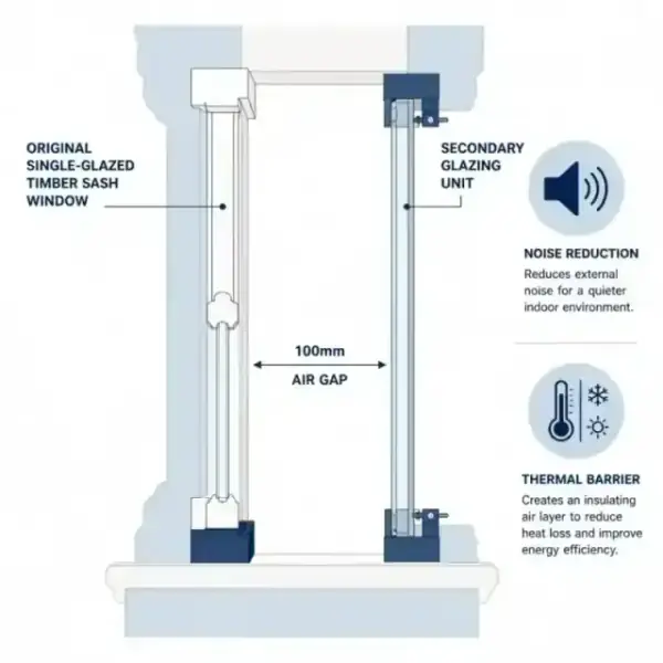 Side view diagram of a window section showing an original sash window and a secondary glazing unit with a 100mm air gap