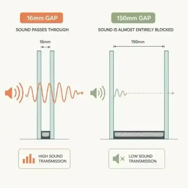 Comparison of a thin 16mm gap versus a wide 150mm gap for noise reduction