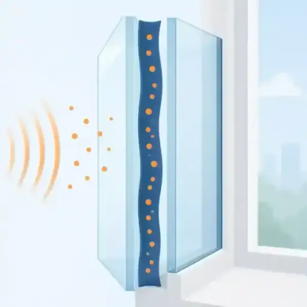 Cross-section of acoustic glass interlayer dampening sound