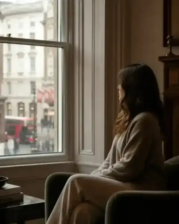 A person looking out of a sash window onto a busy London street, protected by secondary glazing.
