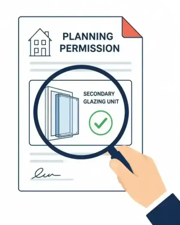 Illustration of planning permission checkmark and magnifying glass