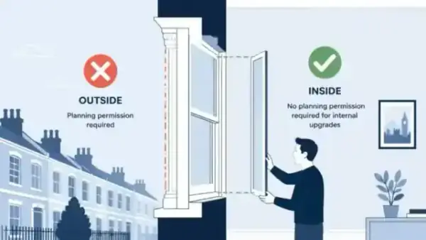 A minimalist flat illustration showing planning restrictions on the outside of a window versus the freedom of internal secondary glazing