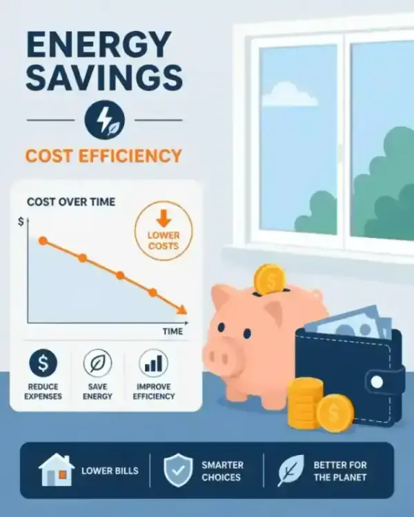 Minimalist illustration of a piggy bank and window representing energy savings
