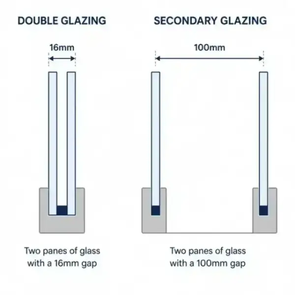 A minimalist comparison diagram between standard double glazing and secondary glazing