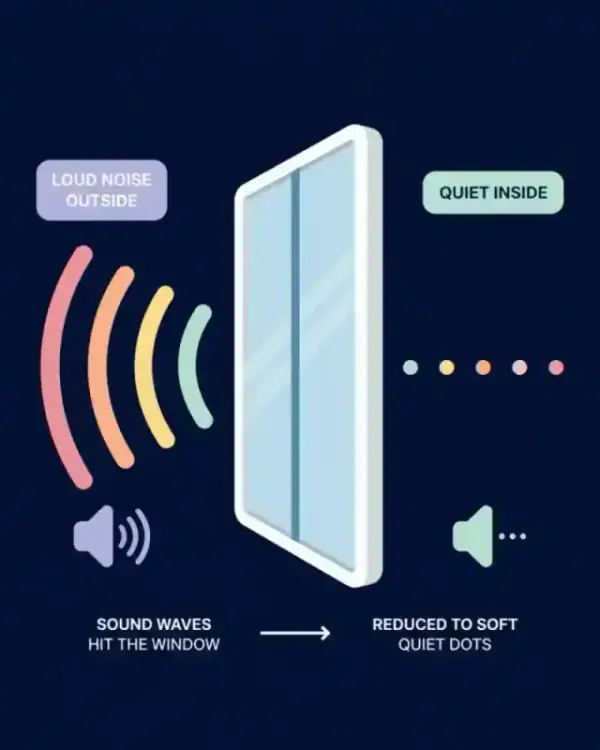 Minimalist illustration of sound waves being blocked by a window