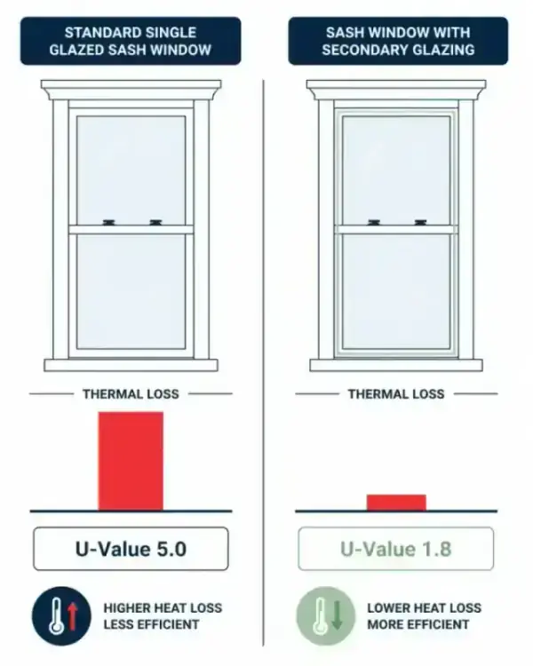 Comparison chart showing indicative U-value improvements from single glazing to secondary glazing.