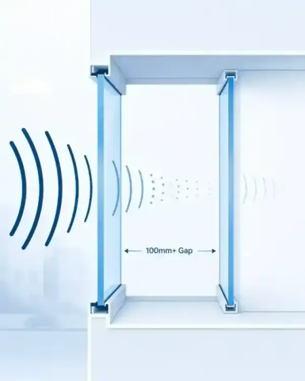 A minimalist diagram showing how a 100mm+ air gap between glass panes dampens sound waves.