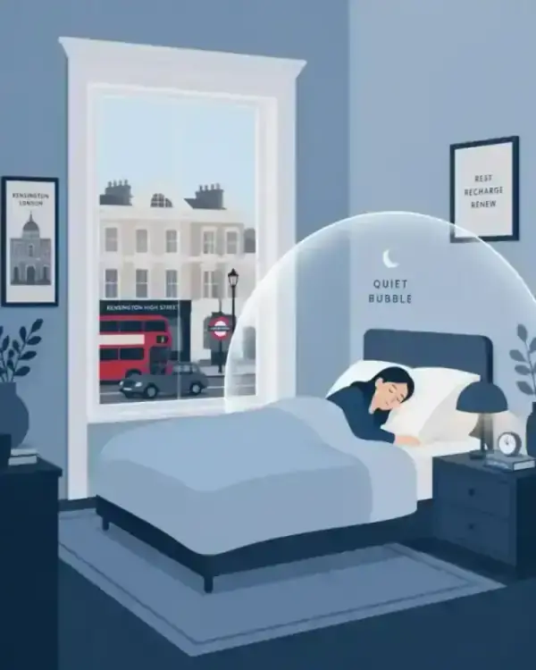 Minimalist flat illustration of a person sleeping peacefully in a quiet bubble inside a London flat while traffic passes outside