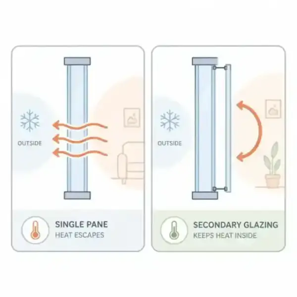 Minimalist icon comparing a single pane window losing heat to a secondary glazed window retaining it