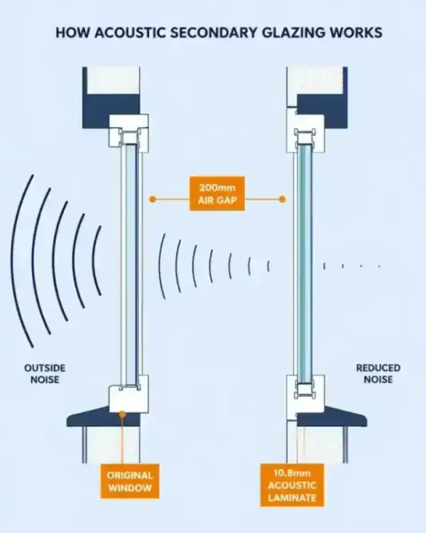 Technical illustration showing how a 200mm air gap and acoustic laminate glass block sound waves.
