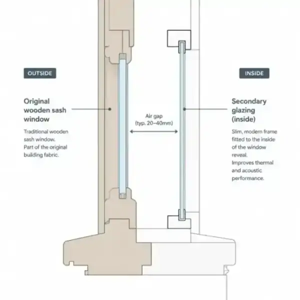 Cross-section illustration of secondary glazing and sash window
