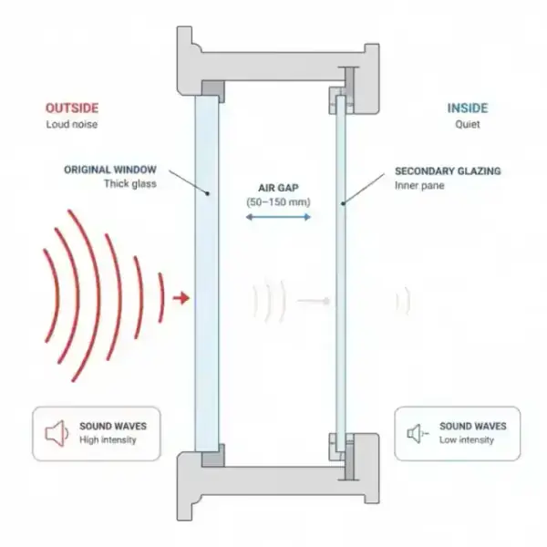 Minimalist technical diagram of a secondary glazing air gap and sound reduction