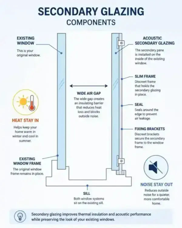 Diagram showing how secondary glazing traps heat and blocks noise with an air gap