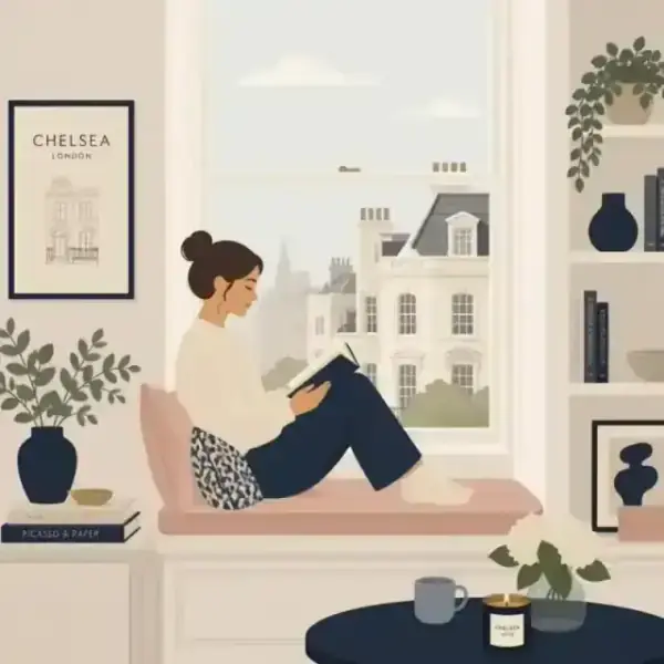 Minimalist flat illustration of a resident sitting comfortably in a window seat of a London flat in Chelsea, reading a book