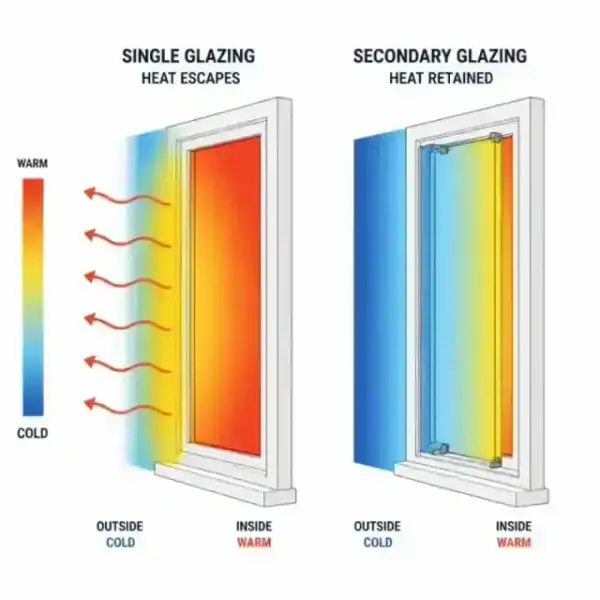 A minimalist flat illustration showing a thermal heat map of a heritage window with secondary glazing retaining heat