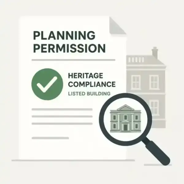 A minimalist flat illustration of a planning document and magnifying glass for a heritage window project