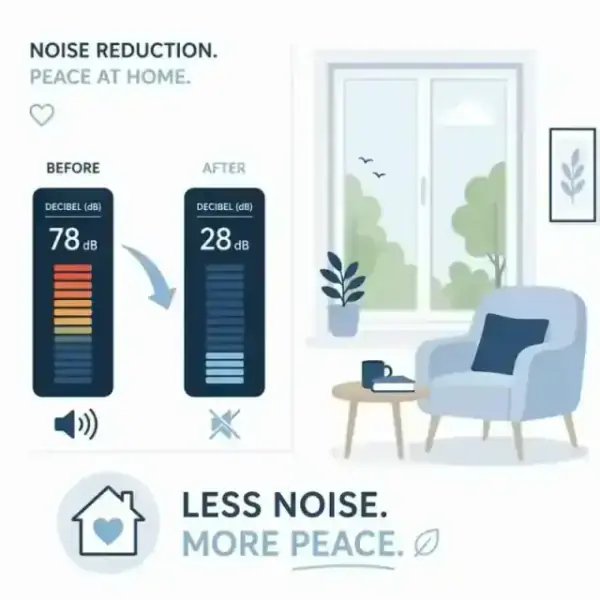 A minimalist flat illustration of a decibel meter beside a heritage window
