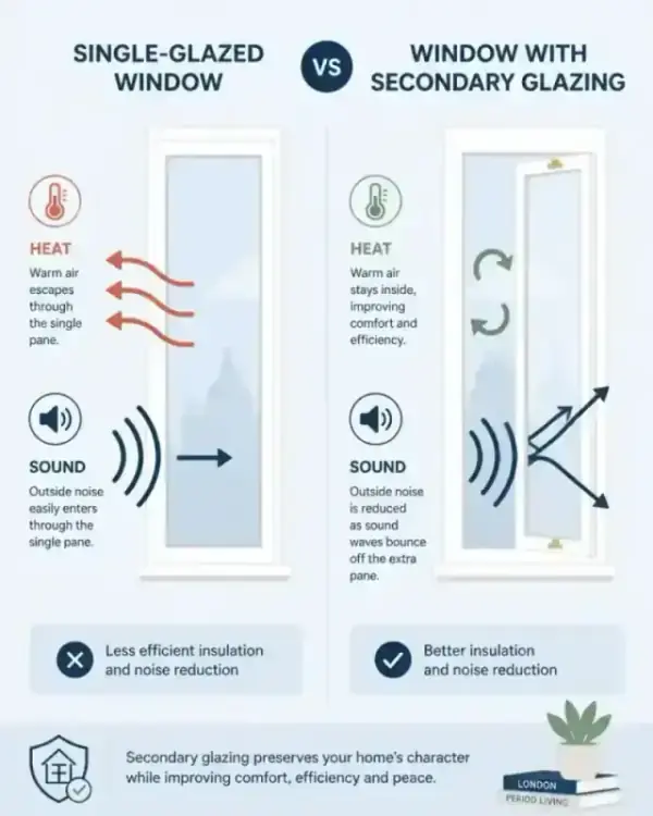 Infographic comparing heat loss and noise in single versus secondary glazing