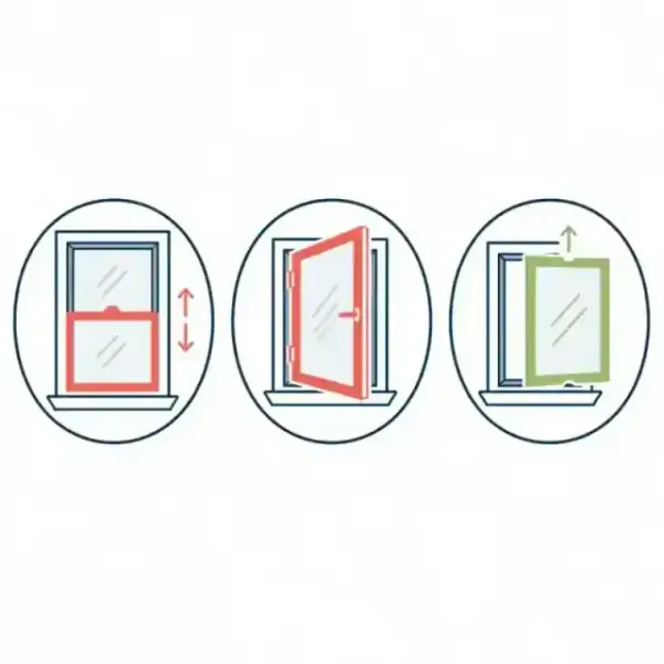 Minimalist icons showing different secondary glazing opening styles