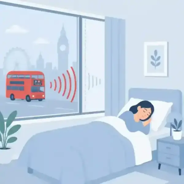 Illustration of sound waves being blocked by secondary glazing for a quiet bedroom