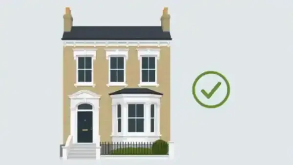 Minimalist illustration of a London period house with a heritage approval checkmark