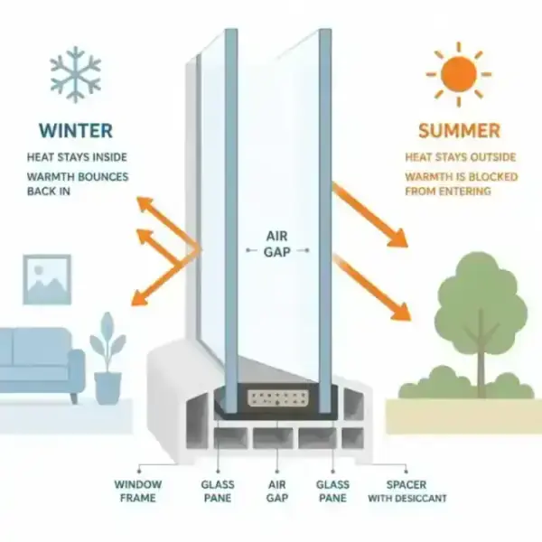 Image 2: A minimalist flat illustration showing a cross-section of a window frame with two panes of glass and an air gap, demonstrating thermal insulation for both winter and summer.