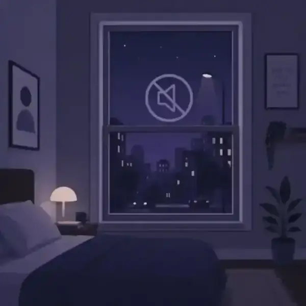 Image 4: A minimalist flat illustration of a peaceful bedroom at night with a 'mute' symbol over the window, representing the noise reduction benefits of secondary glazing.