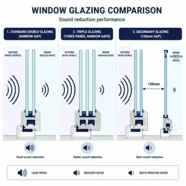 A technical comparison diagram showing the effectiveness of secondary glazing gaps compared to standard windows