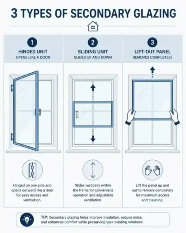 Minimalist illustration showing hinged, sliding, and lift-out secondary glazing types