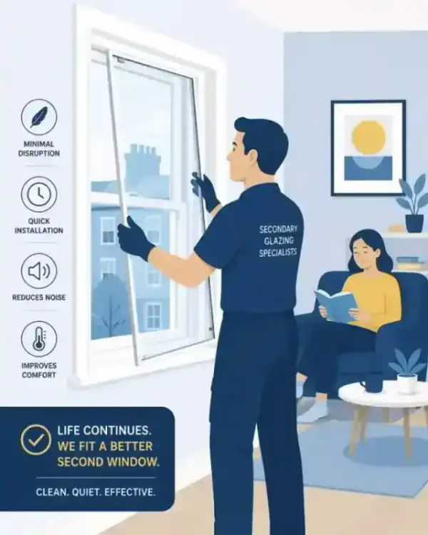A professional installer fitting a secondary glazing panel with minimal disruption