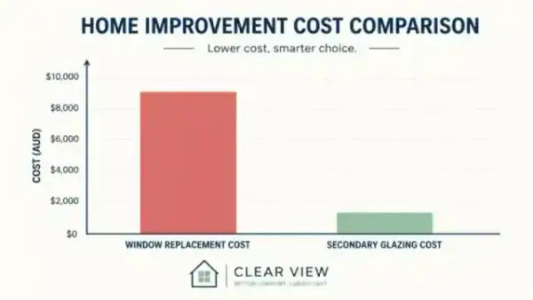 Minimalist illustration comparing the much lower cost of secondary glazing to the high price of full window replacement
