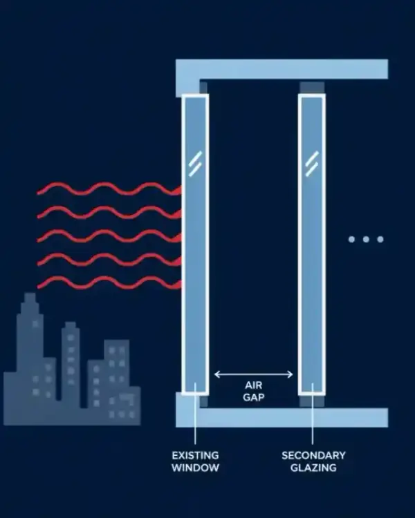 Illustration showing sound waves being blocked by secondary glazing