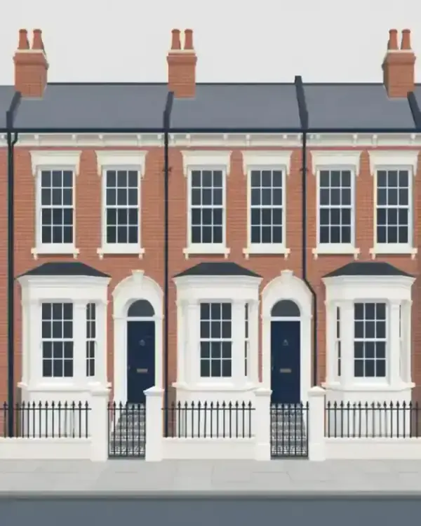 Minimalist flat illustration of preserved Victorian terraced houses in London