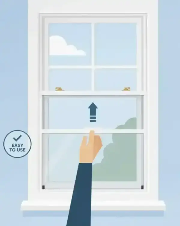 Minimalist flat illustration showing a hand sliding a vertical secondary glazing panel