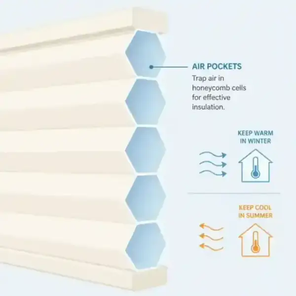 Minimalist flat illustration of a honeycomb thermal blind showing its hexagonal air pockets