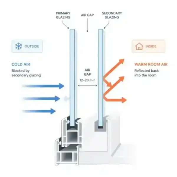 Minimalist illustration showing heat being reflected back into a room by secondary glazing