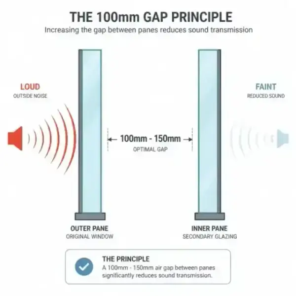 A minimalist flat illustration diagram showing the 100mm-150mm gap principle between two panes of glass.