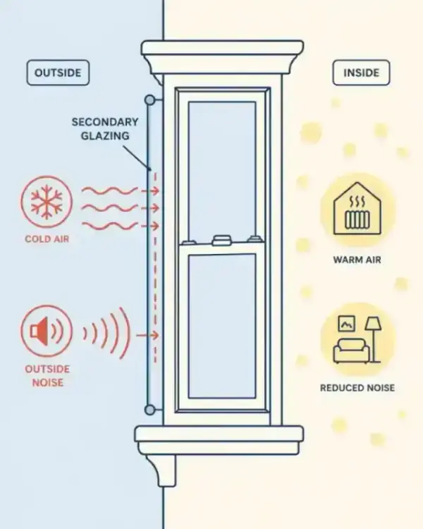 Illustration of thermal and noise benefits of secondary glazing