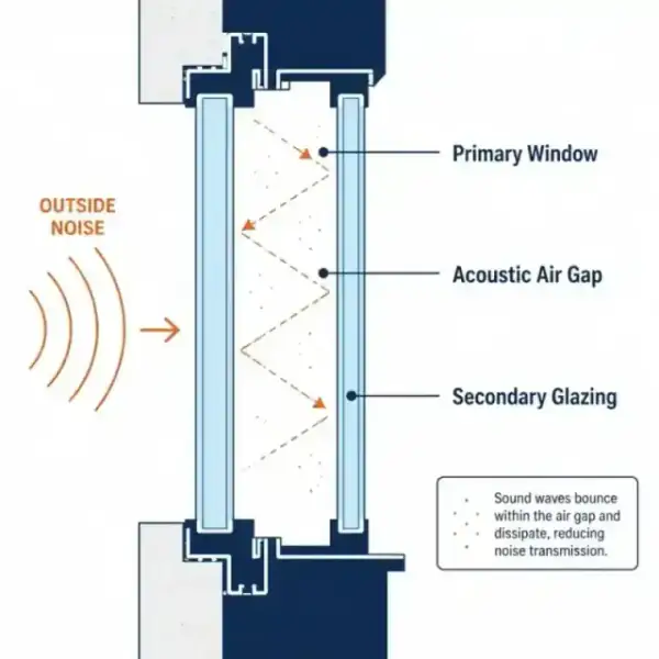 Technical cross-section illustration showing the primary window, acoustic air gap, and secondary glazing system