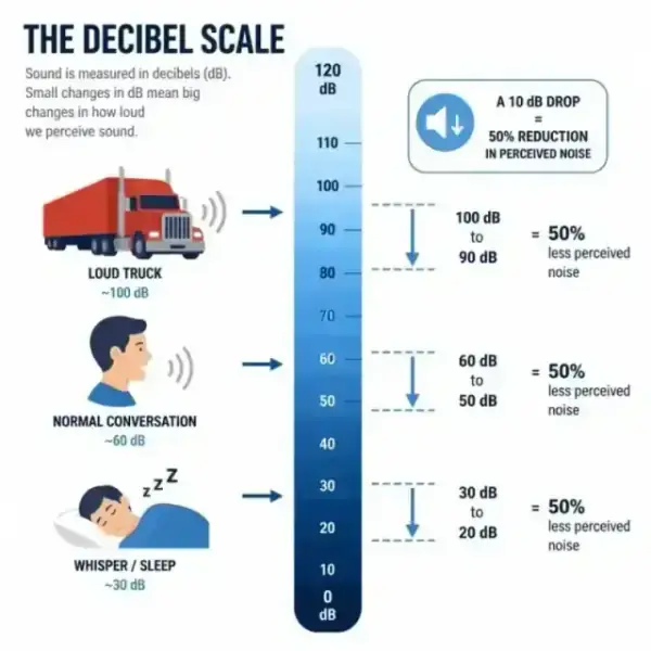 Minimalist diagram explaining the 10dB reduction rule