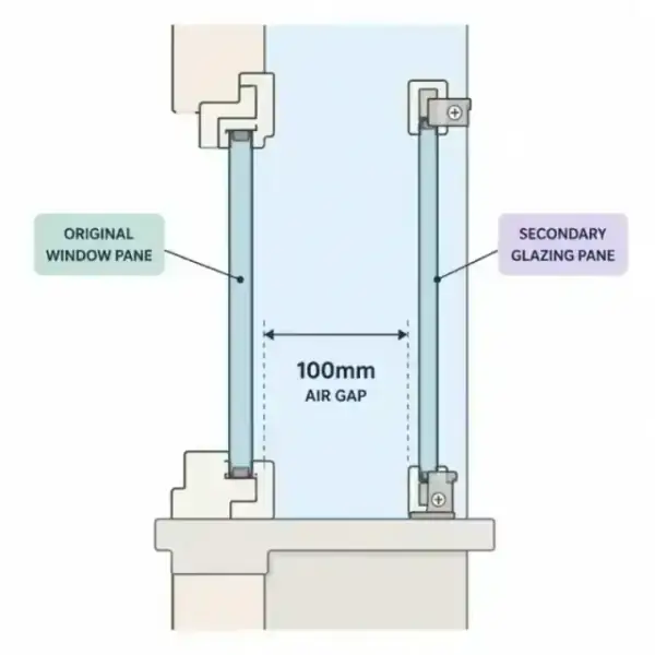 Technical cross-section illustration showing the 100mm air gap between the original window and secondary glazing
