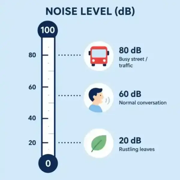 A minimalist scale showing decibel levels from 0 to 100 with icons for a leaf, a conversation, and a red bus