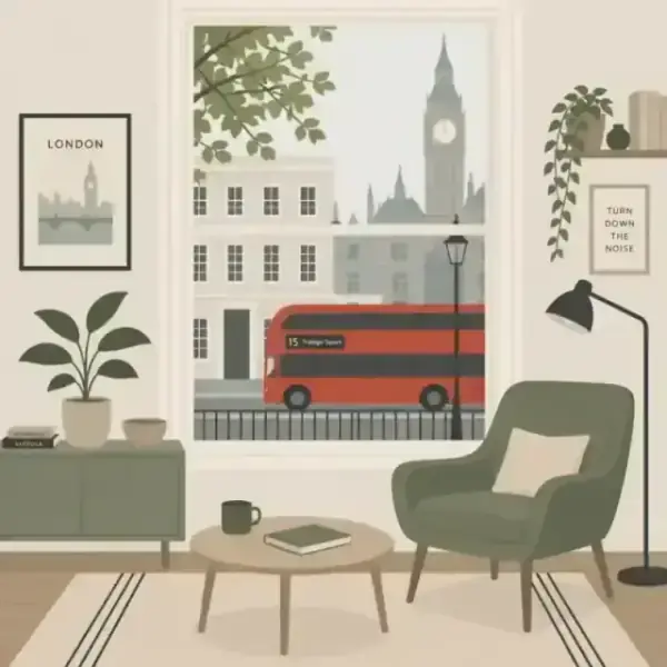 A minimalist illustration of a peaceful, quiet London living room with a red bus visible but muted outside