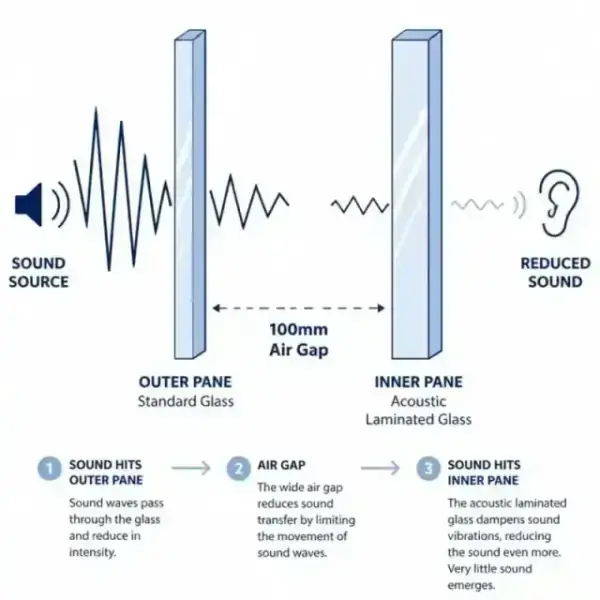 Diagram showing how a wide air gap and acoustic glass dampen sound waves