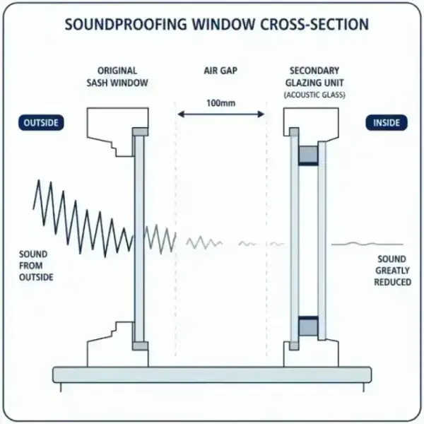 Diagram showing the impact of a 100mm air gap on sound waves