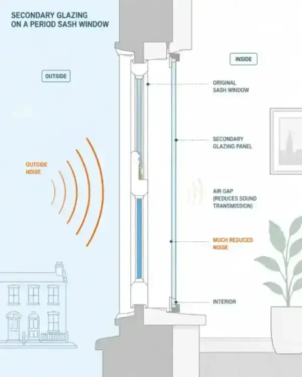 Illustration showing how secondary glazing blocks noise with a large air gap